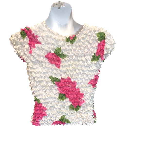 Vintage Cap Sleeve Popcorn Bubble Crinkle Super Stretchy Floral Shirt - Picture 4 of 4